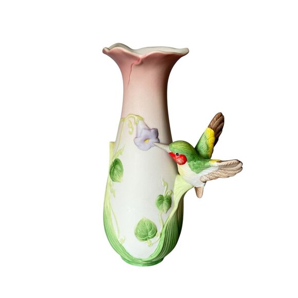 Vintage Enesco Ceramic Vase With Hummingbird & Morning Glory Flowers 6.25" - Picture 2 of 8